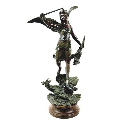 144 - A mid 20th century spelter sculpture, 'l'Humanite terrassant la Barbarie', after E. Mendel, modelled... 