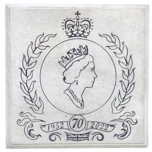 146 - A modern carved stone plaque, of square form with moulded edges, commemorating the Platinum Jubilee ... 