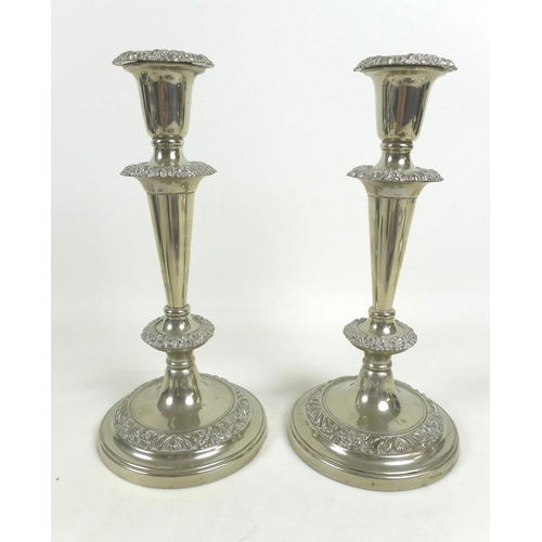 152 - A group of silver plated items, including two pairs of candlesticks, wine coasters, three trays, tod... 