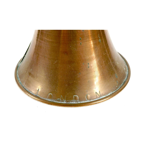 160 - A Victorian copper coaching horn, with applied brass maker's mark and inscribed 'London & Canterbury... 