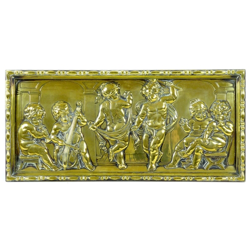 161 - A 19th century cast brass plaque, of rectangular form with bead and reel border, depicting six putti... 