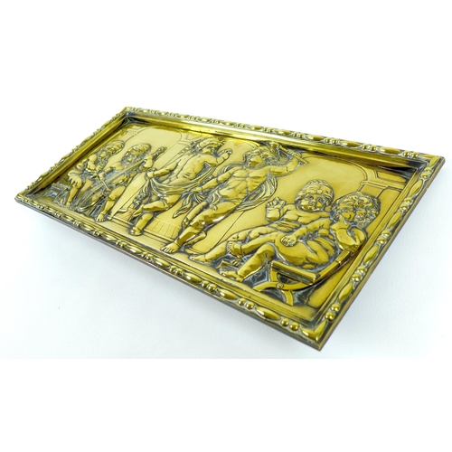 161 - A 19th century cast brass plaque, of rectangular form with bead and reel border, depicting six putti... 