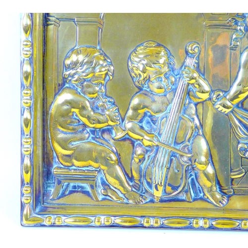 161 - A 19th century cast brass plaque, of rectangular form with bead and reel border, depicting six putti... 