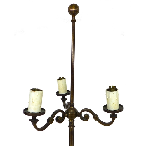 164 - An early to mid 20th century brass standard lamp, with three S shaped branches, the knopped column o... 