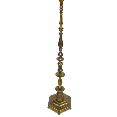 164 - An early to mid 20th century brass standard lamp, with three S shaped branches, the knopped column o... 