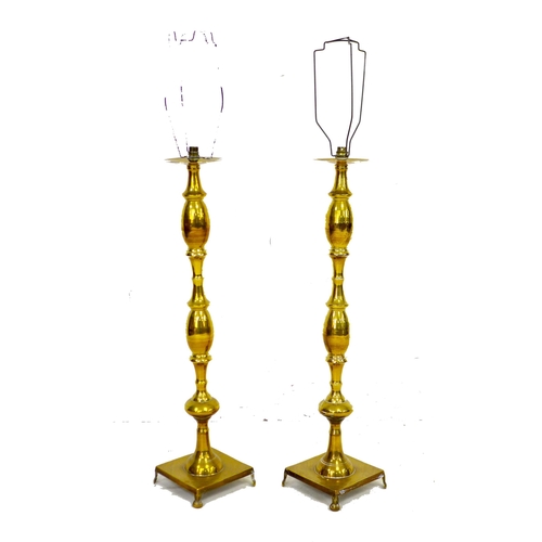 165 - A pair of 19th century brass standard lamps, with knopped columns on square platform bases and four ... 