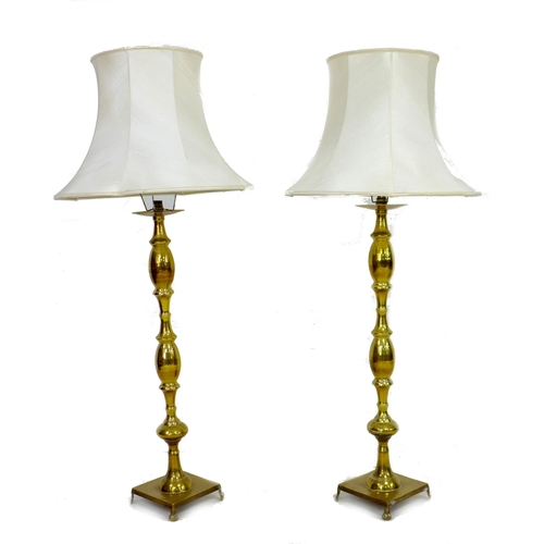 165 - A pair of 19th century brass standard lamps, with knopped columns on square platform bases and four ... 