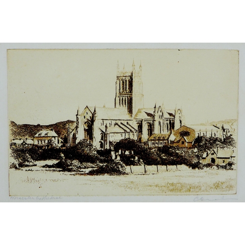 169 - C. Dickens (British, 19th century): 'Worcester Cathedral', etching, signed and titled in pencil to l... 