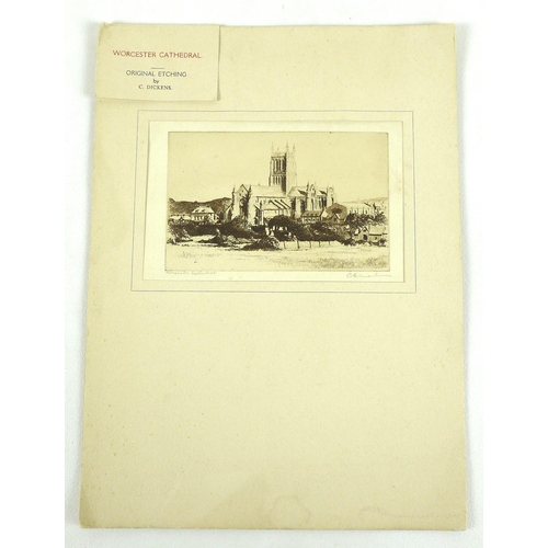 169 - C. Dickens (British, 19th century): 'Worcester Cathedral', etching, signed and titled in pencil to l... 