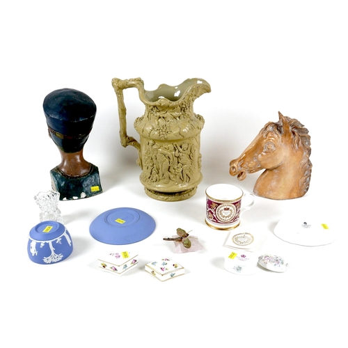 17 - A group of pottery and china collectables, including a Victorian Charles Meigh moulded pottery jug, ... 