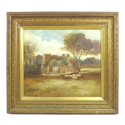 190 - An early 20th century countryside scene, depicting a church surrounded by fields and woodland, with ... 