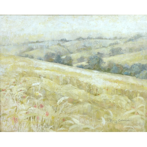 191 - Judy Coleman (b.1938): 'Harvest Harmony', a landscape painting of country hillsides, with poppies to... 