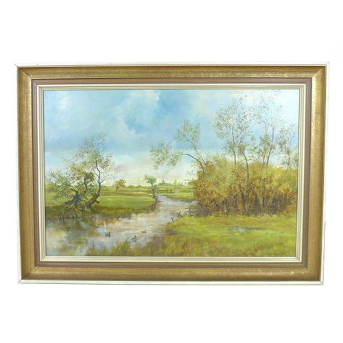 197 - A 20th century landscape of a countryside river scene, depicting a winding river in between fields, ... 