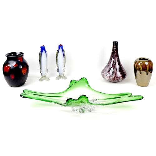 20 - A group of modern decorative vases, comprising two Murano glass penguin form vases, 30cm high, a pur... 