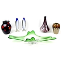 A group of modern decorative vases, comprising two Murano glass penguin form vases, 30cm high, a pur... 