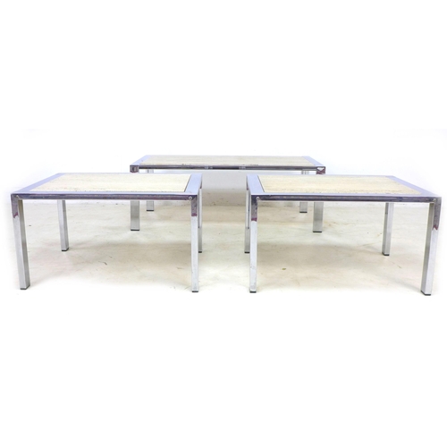 209 - A group of three vintage chromed metal coffee / occasional tables, of graduating size, inset with ma... 