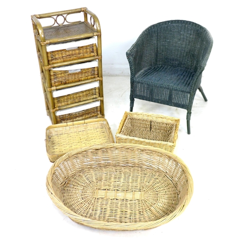 220 - A collection of wicker furniture items, including a dark green chair, 58 by 60 by 69cm high, a large... 