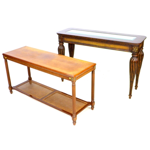 221 - Two 20th century console tables, comprising a walnut veneer console with caned undershelf,  132 by 4... 