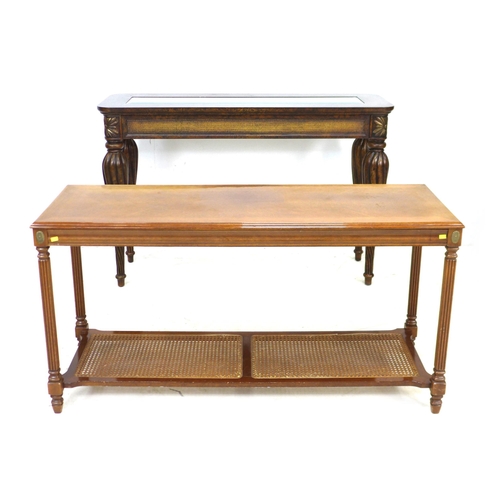 221 - Two 20th century console tables, comprising a walnut veneer console with caned undershelf,  132 by 4... 