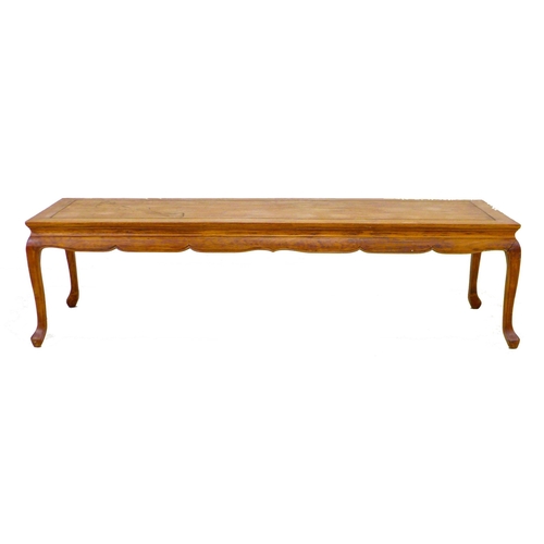 226 - A modern stained pine coffee table, raised on cabriole legs, 152.5 by 51.5 by 40.5cm high.