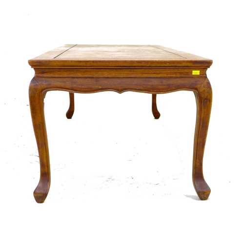 226 - A modern stained pine coffee table, raised on cabriole legs, 152.5 by 51.5 by 40.5cm high.