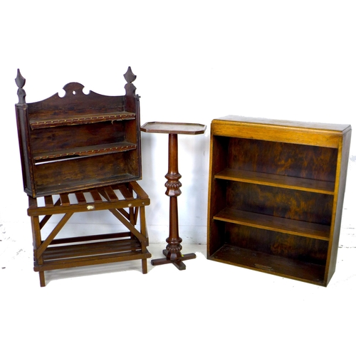 230 - An Edwardian oak luggage rack, with slatted top, together with a mahogany pedestal stand with turned... 