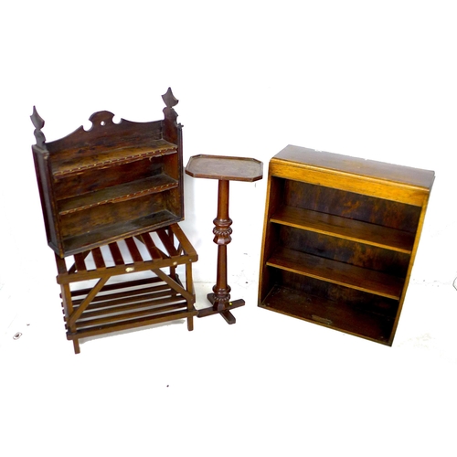 230 - An Edwardian oak luggage rack, with slatted top, together with a mahogany pedestal stand with turned... 