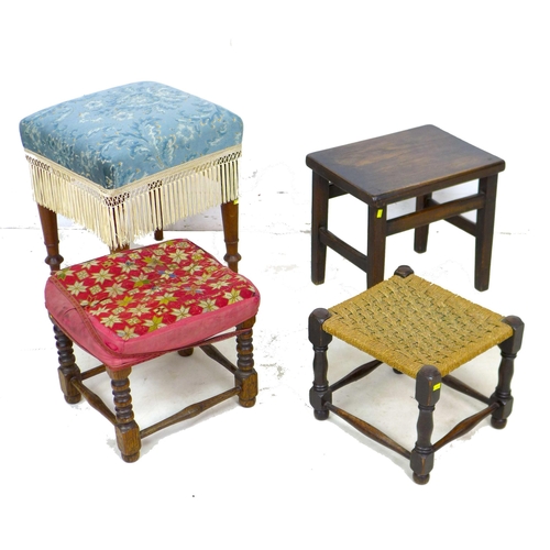 231 - A group of four stools, comprising a Victorian mahogany stool with turned legs and blue fabric seat,... 