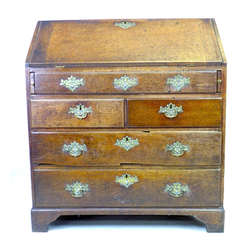 232 - A Georgian oak bureau, a/f poor condition, fall front with fitted interior, one long over two short ... 