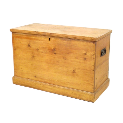 243 - A pitch pine blanket box, with metal handles and lift lid, 89.5 by 44.5 by 57.5cm high.