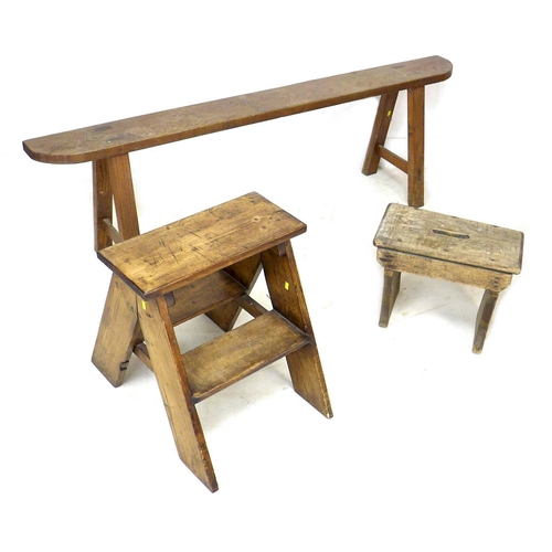 245 - Three wooden stools, comprising a bench, 158 by 33.5 by 49cm high, a one step stool, 45.5 by 56 by 4... 