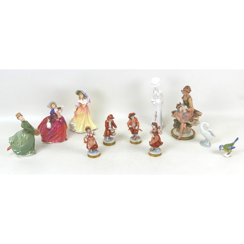 25 - A group of 20th century european porcelain figurines, including four Volkstedter Porzellanmanufaktur... 