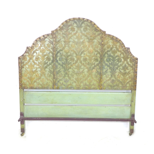 250 - A 20th century Continental bed head and footboard, with green and gilt leather effect work, brass st... 