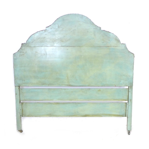 250 - A 20th century Continental bed head and footboard, with green and gilt leather effect work, brass st... 