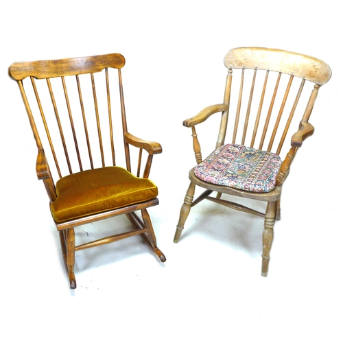 255 - A group of chairs, comprising a 19th century beech spindle back open armchair, a modern stained beec... 