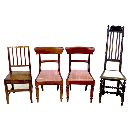 258 - A group of four chairs, comprising a 17th century style side chair, with high narrow four slat back ... 