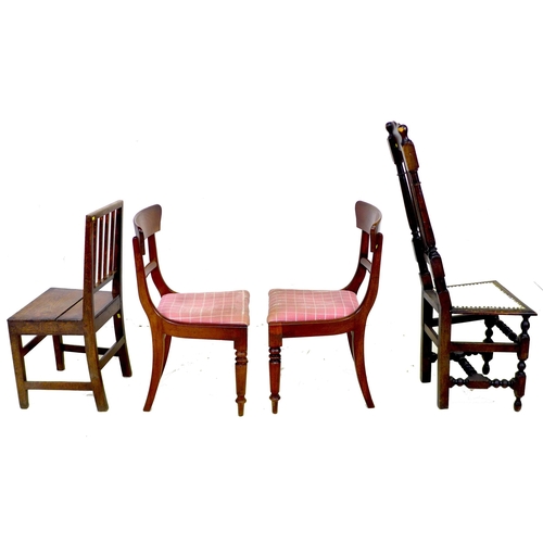 258 - A group of four chairs, comprising a 17th century style side chair, with high narrow four slat back ... 