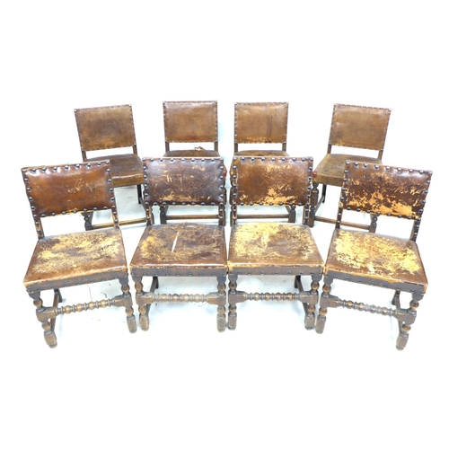 273 - A group of eight mid 20th century oak dining chairs, in Jacobean style, all with studded leather bac... 