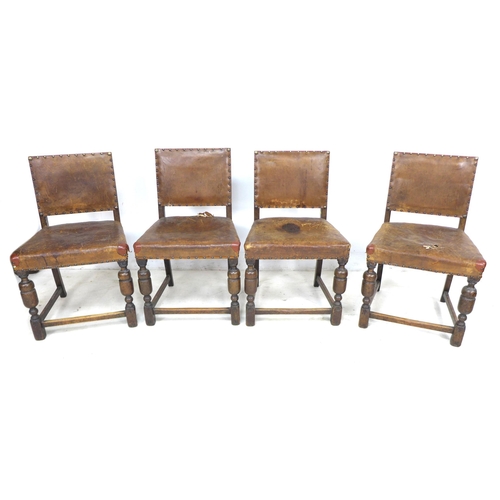 273 - A group of eight mid 20th century oak dining chairs, in Jacobean style, all with studded leather bac... 