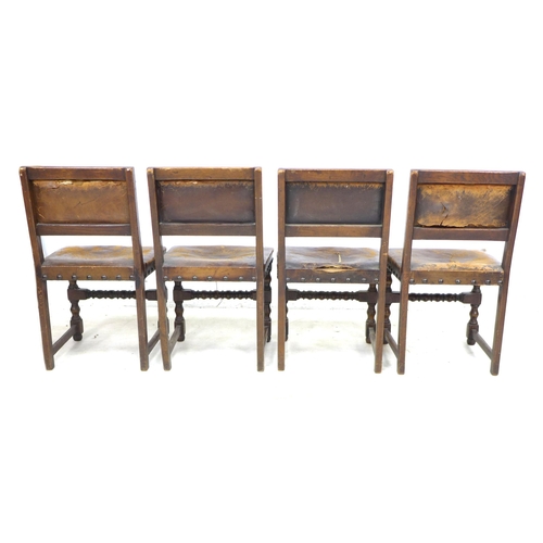 273 - A group of eight mid 20th century oak dining chairs, in Jacobean style, all with studded leather bac... 