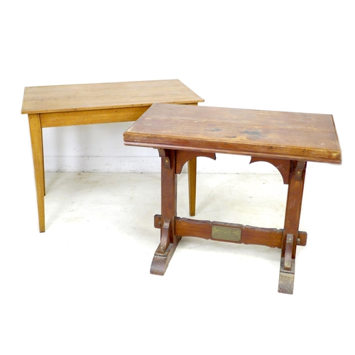 274 - Two 20th century tables, comprising a stained pitch pine side table, with memorial plaque to lower s... 