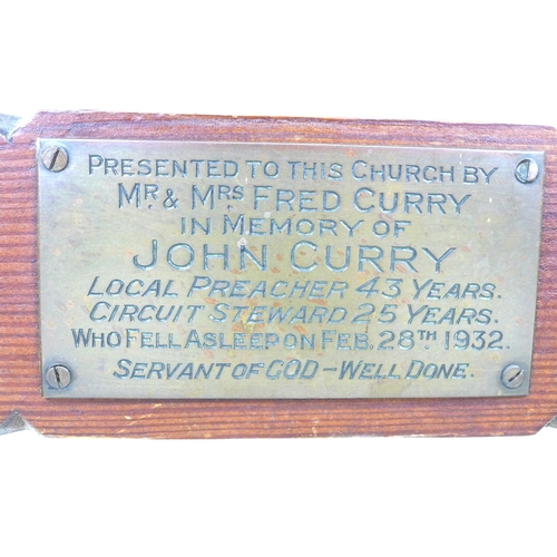 274 - Two 20th century tables, comprising a stained pitch pine side table, with memorial plaque to lower s... 