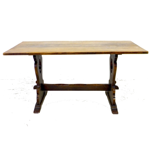 276 - A reproduction dining suite, comprising a 17th century style stained oak dining trestle table, 153 b... 