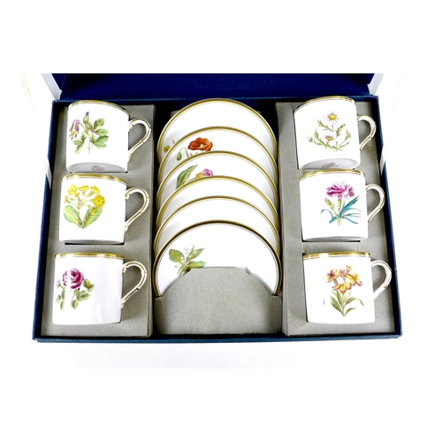 28 - A Royal Worcester coffee service, each differently decorated with various flowers, named to bases in... 