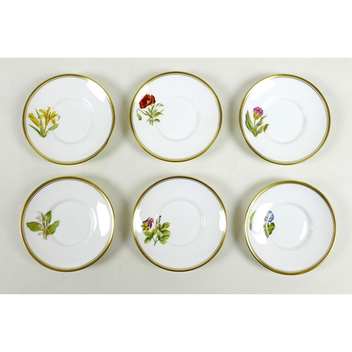 28 - A Royal Worcester coffee service, each differently decorated with various flowers, named to bases in... 