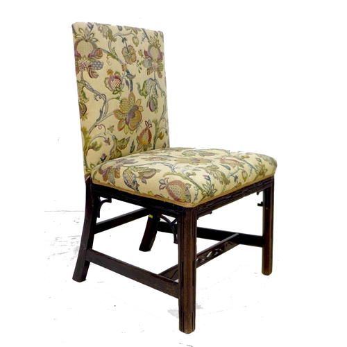 287 - A Georgian mahogany side chair, squared back and seat, padded and upholstered in floral embroidered ... 