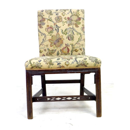 287 - A Georgian mahogany side chair, squared back and seat, padded and upholstered in floral embroidered ... 