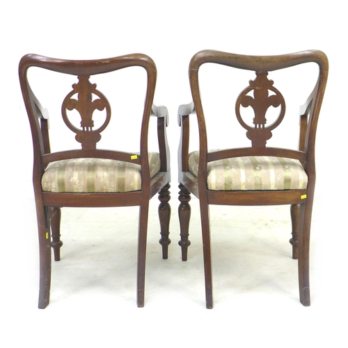 292 - A pair of Regency mahogany open arm chairs, with Prince of Wales feathers to the splat, shaped frame... 