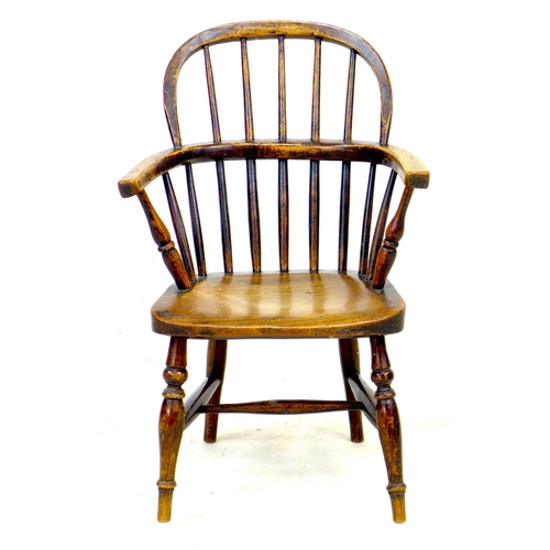 294 - A Victorian oak child's Windsor chair, with stick back and H stretcher, 40.5 by 48 by 63.5cm high.