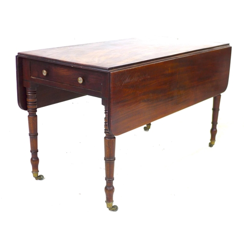 303 - A large Regency mahogany Pembroke table, single frieze drawer with brass knob, opposing false drawer... 